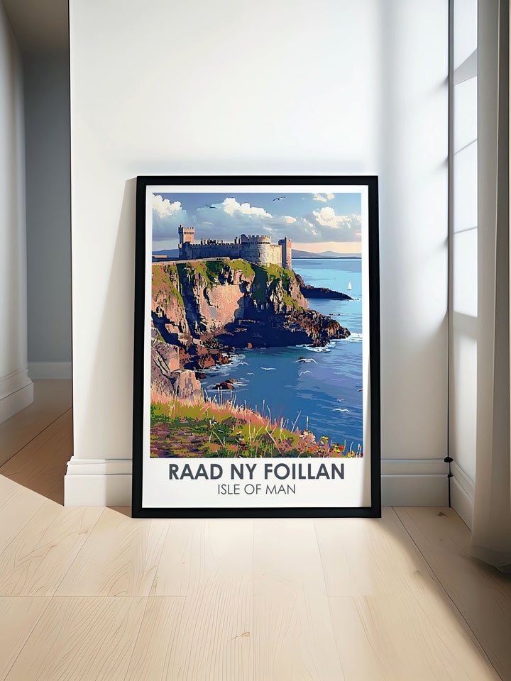 Peel Castle Modern prints featuring detailed artwork of the Isle of Mans historical sites and scenic landscapes including Douglas Harbour and Raad Ny Foillan Hike ideal for elegant home decor and stylish living room accents