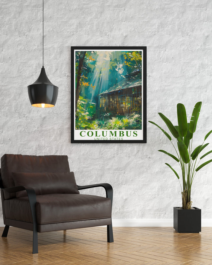 Columbus Ohio poster with a stunning depiction of the Franklin Park Conservatory. Ideal for travel enthusiasts this vintage Columbus poster adds charm and elegance to any room while also making a great gift idea for personalized home decor lovers.