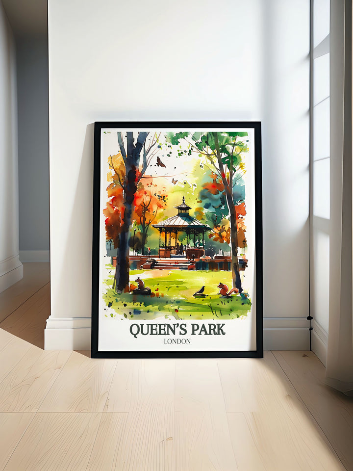 Queens Park Rangers print featuring Queens Park Bandstand showcasing the lush greenery and serene beauty of Queens Park London perfect for any vintage London print collection