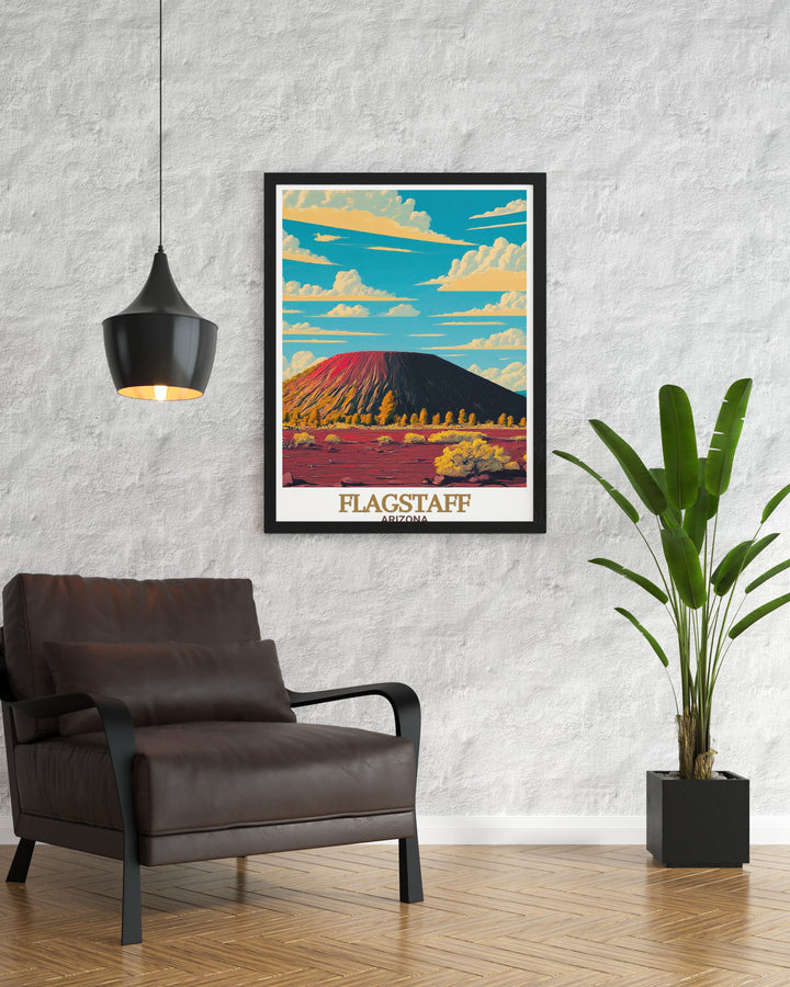 Sunset Crater wall art captures the powerful legacy of Arizonas volcanic past, offering a stunning view of the craters remnants set against a backdrop of desert beauty. This travel print is perfect for anyone looking to add a touch of adventure to their decor.