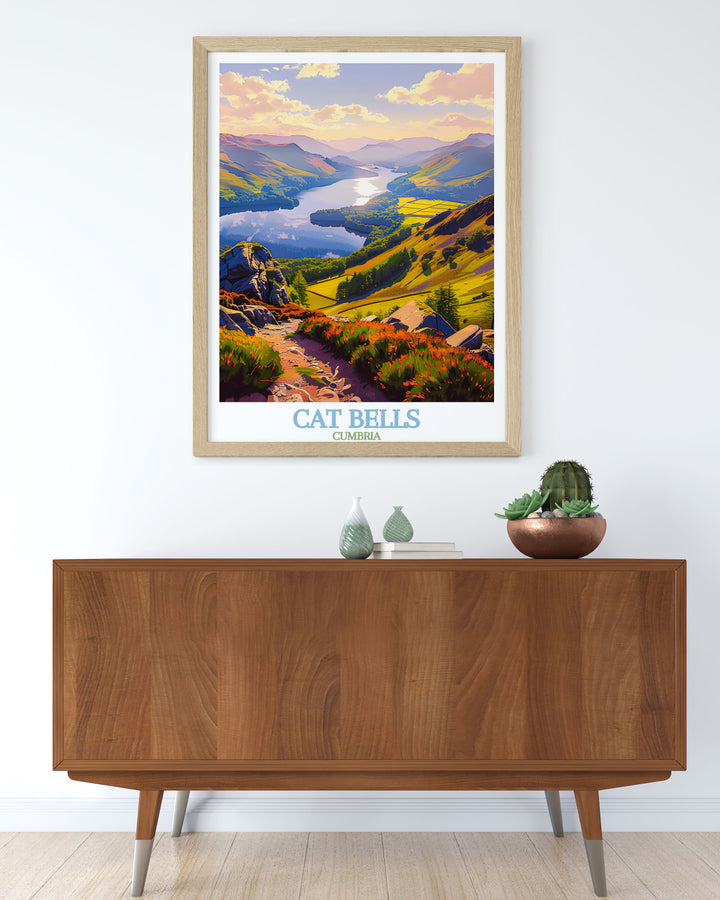 Discover the charm of Cat Bells Summit with our detailed and vibrant prints perfect for wall decor this travel poster brings the beauty of Derwentwater and the Lake District into your home making it an excellent gift for hikers and nature lovers.