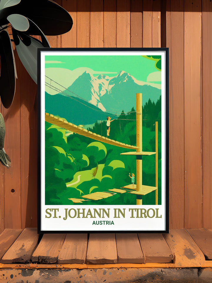 The Austria canvas print presents a breathtaking view of St. Johann in Tirol, complemented by the exhilarating Hornpark Climbing Forest. Perfect for any room, this travel art piece celebrates Austrias natural and adventurous spirit.