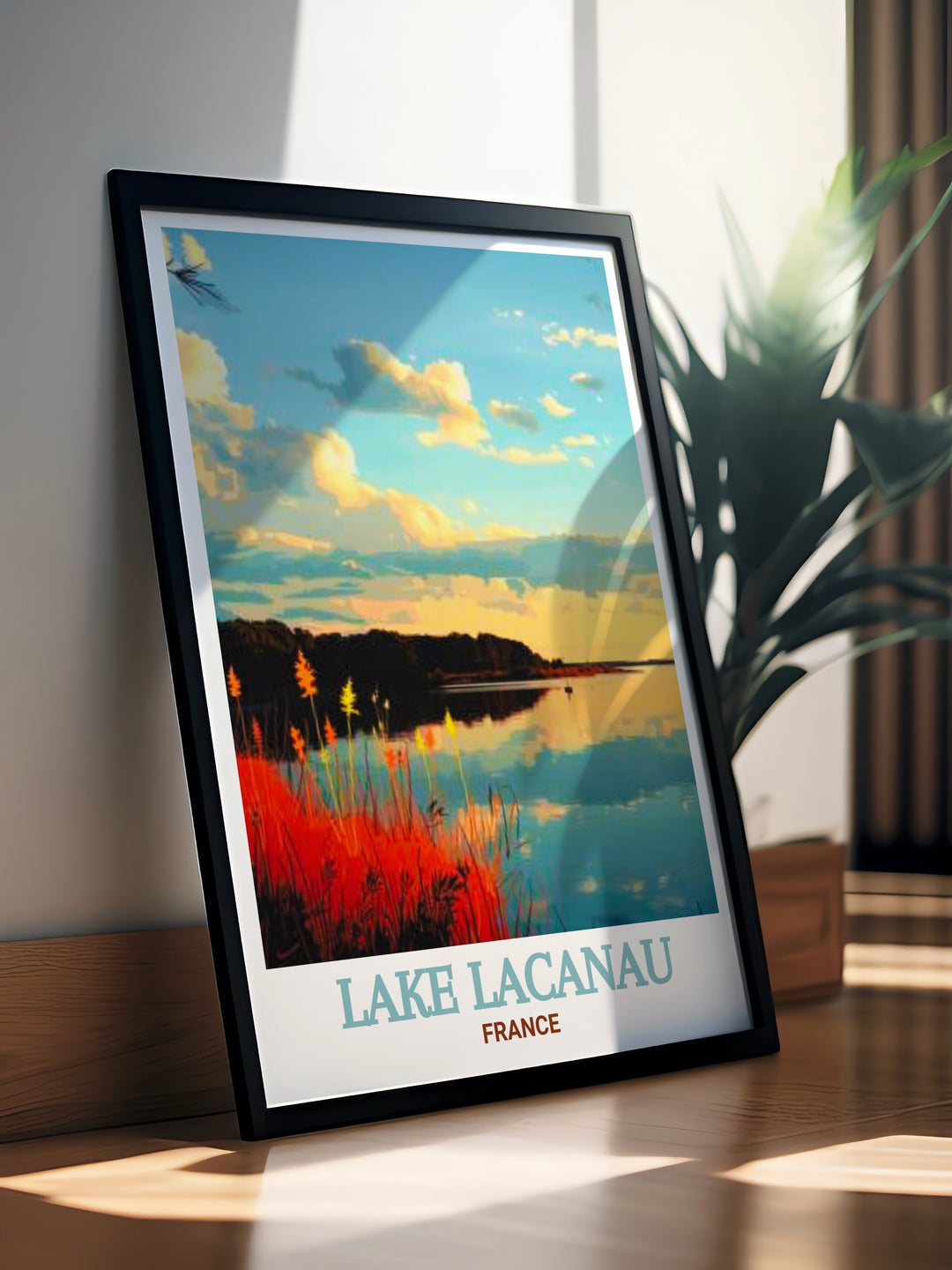 This Lake Lacanau poster print brings the serene beauty of Frances lake region into your home. The calm waters and protected lands of the Réserve Naturelle de lÉtang de Cousseau offer a perfect backdrop for this travel art.