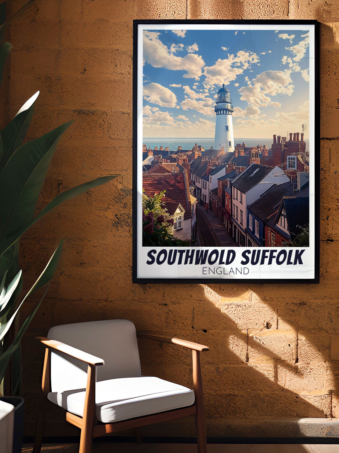 Southwold Beach Huts and Seaside Poster capturing the vibrant colors and tranquil beauty of Southwolds coastline with the iconic SouthwoldLighthouse a must have vintage travel print for art collectors and lovers of coastal scenery