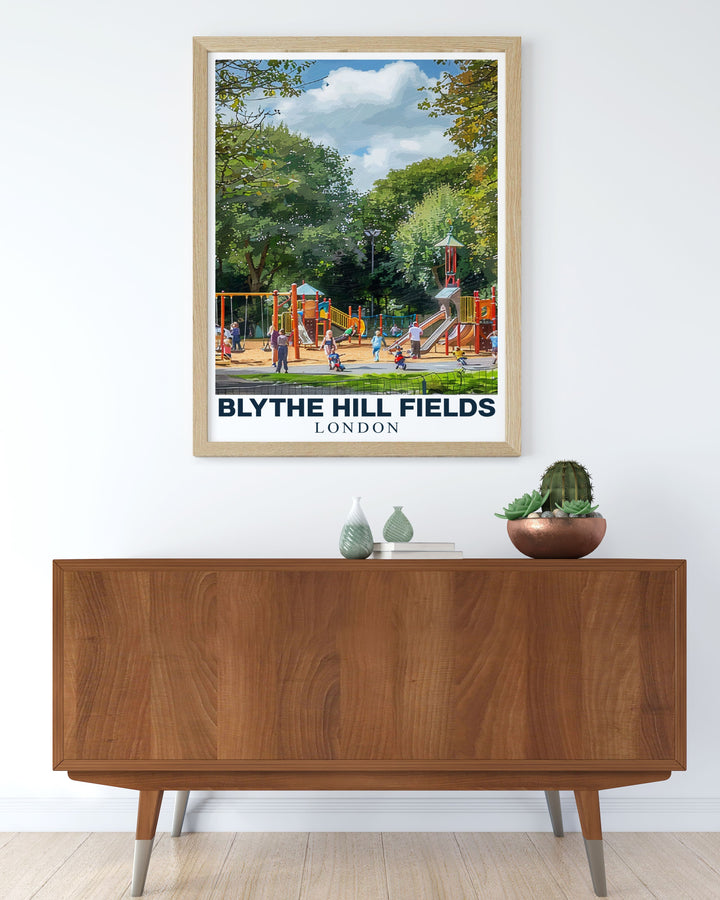 Featuring the rolling hills and stunning views of Blythe Hill Fields, this travel poster captures the natural beauty of South East London, ideal for those who appreciate scenic landscapes.