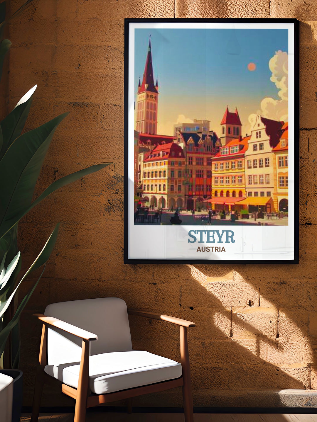 Detailed wall decor featuring Bummerlhaus in Steyr, Austria, focusing on the buildings majestic Gothic arches and serene ambiance. A perfect addition to any art collection, this piece celebrates the elegance and history of Austrian architecture.