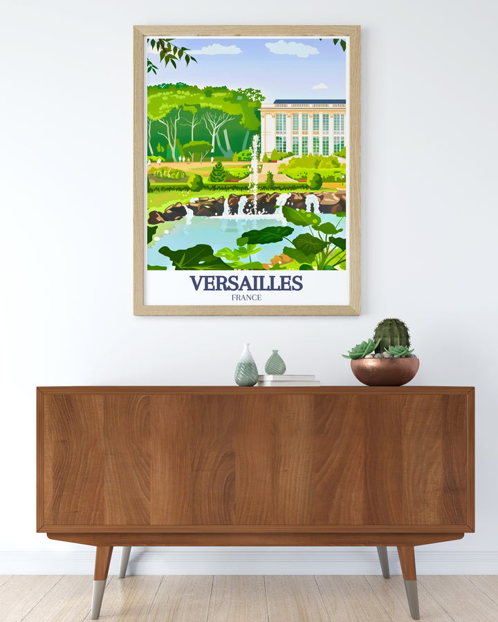 Versailles Vintage Poster capturing the essence of the grand estate with a retro style art print. This bright and colorful travel poster brings French history to life, offering a charming addition to any decor or as a thoughtful gift for a history lover.