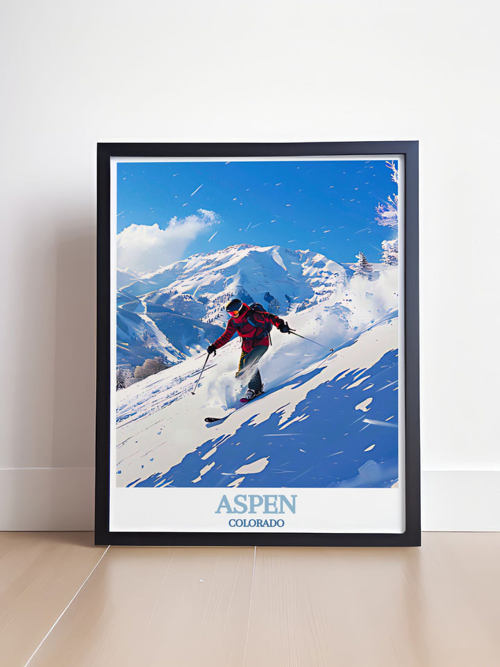 The excitement of skiing at Aspen Highlands is depicted in this vibrant travel poster, featuring its iconic Highland Bowl and panoramic views. A must have for any skiers home decor.