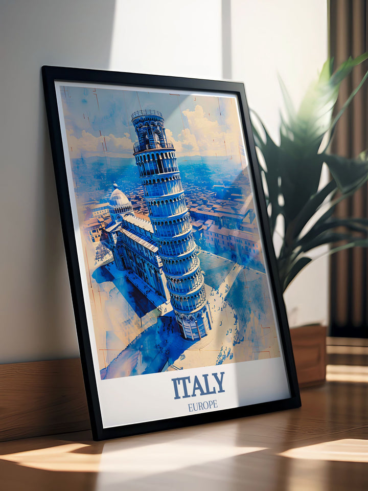 The vibrant colors and intricate details of the Leaning Tower of Pisa and Pisa Cathedral are captured in this poster, celebrating the artistic and historical richness of Italy.