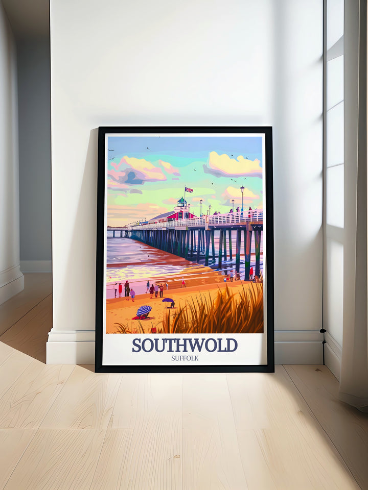 A beautiful Southwold Poster featuring the iconic Southwold Beach Huts and the majestic Southwold Lighthouse. Perfect for Southwold Pier North Sea lovers and ideal for adding a touch of seaside charm to your home decor. Great as a gift or for your own space.