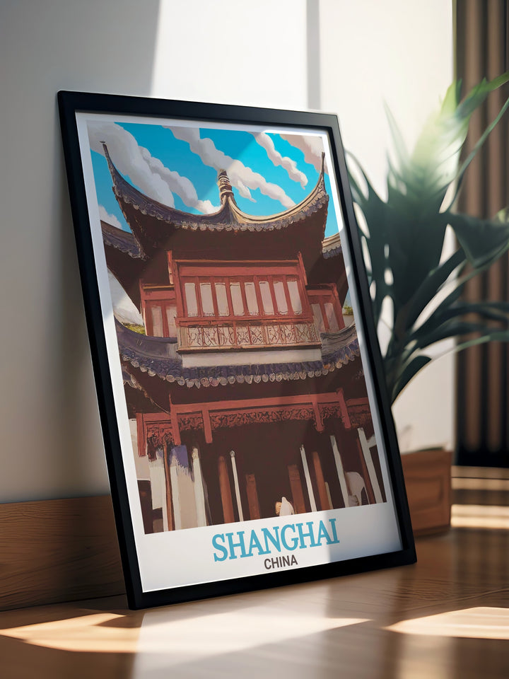 Yu Gardens blend of natural beauty and traditional architecture is brought to life in this Shanghai art print. Whether framed or as a canvas, this print offers a touch of tranquility and elegance, making it a stunning gift or a perfect addition to your travel art collection.