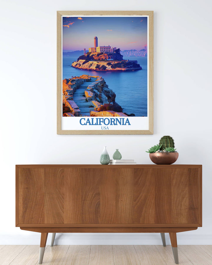 Alcatraz Island and Badwater Basin depicted in vintage inspired national park posters showcasing the unique beauty of California USA perfect for modern art and national park enthusiasts