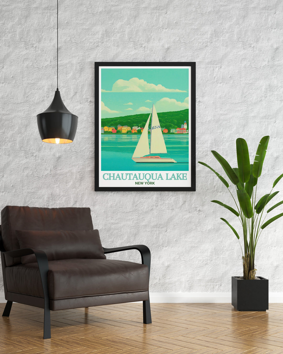 Add a piece of New York States lakeside charm to your home with this elegant art print, showcasing the calm waters and lush surroundings of Chautauqua Lake. Ideal for enhancing your decor with a touch of nature.