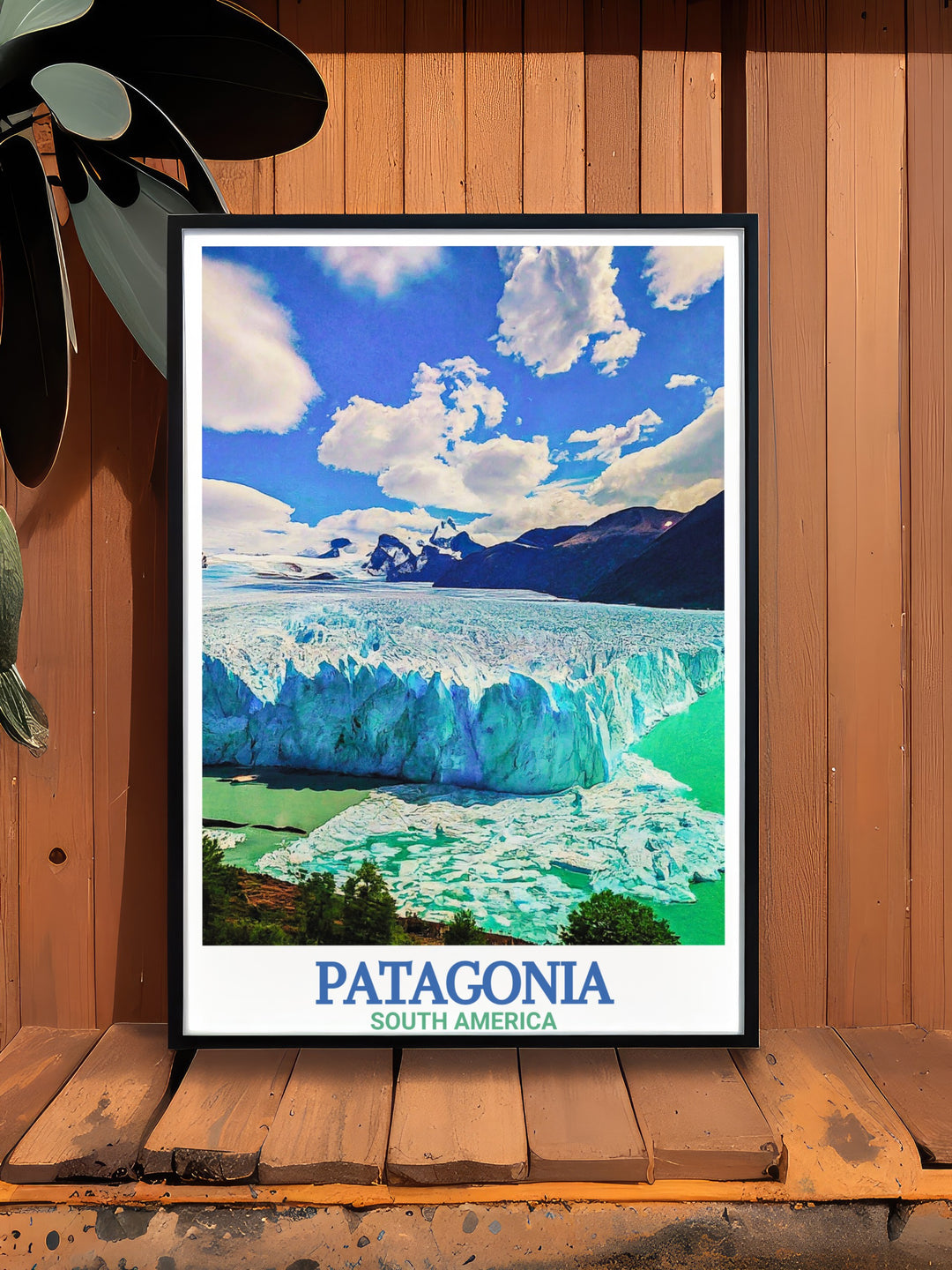 Chile wall art featuring Torres Del Paine and Perito Moreno Glacier. A blend of retro and modern styles capturing the breathtaking scenery of Patagonia. Perfect for adding elegance and adventure to any room.