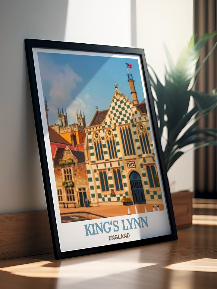 This Kings Lynn poster print features the stunning Town Hall and Trinity Guildhall, iconic historical landmarks in England. The artwork captures the detailed Gothic architecture, making it an ideal travel print or gift for history enthusiasts.