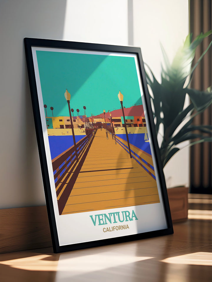 A beautifully detailed matted art print of Ventura Pier, featuring a fine line black and white design. The artwork captures the Piers iconic structure and the serene ocean beyond, with a street map of Ventura County adding context and depth. Perfect for coastal decor or as a unique gift for any occasion.