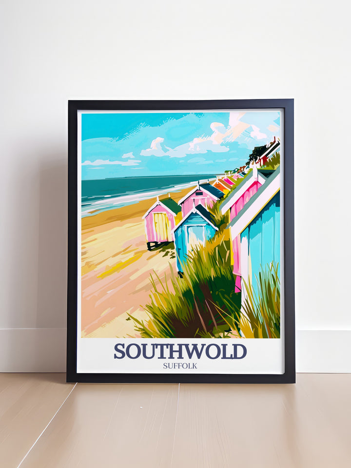 Captivating UK Travel Poster of Southwold Beach Huts and Southwold Lighthouse. This print highlights the charm of North Sea Southwold beach. An excellent addition to any travel print collection or as a unique gift for seaside lovers.