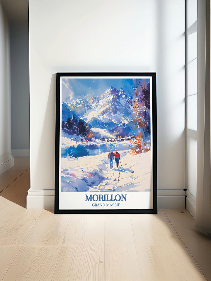 Morillon Ski Resort poster featuring the breathtaking scenery of Morillon village Le Lac Bleu a must have for ski enthusiasts and art lovers seeking beautiful vintage ski prints for their home decor