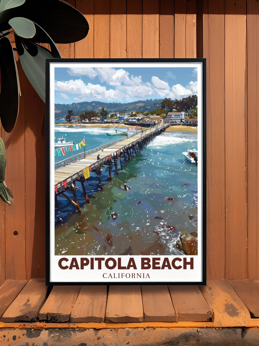 Detailed Capitola Wharf Vintage Print featuring the Wharfs scenic charm a perfect piece of California art for those who appreciate the beauty of coastal scenes ideal for home decor and as a special gift for loved ones