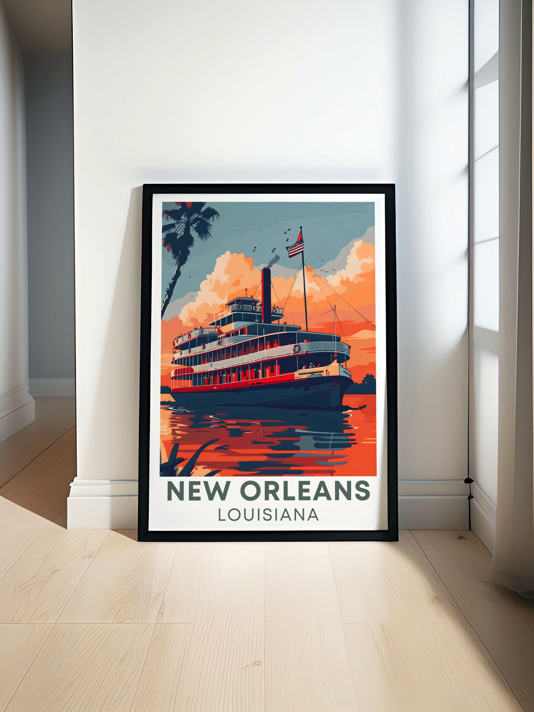 Steamboat Natchez gliding along the Mississippi River captured in a vintage New Orleans print perfect for home decor or as a travel gift showcasing the rich history and charm of Louisiana with intricate details and vibrant colors