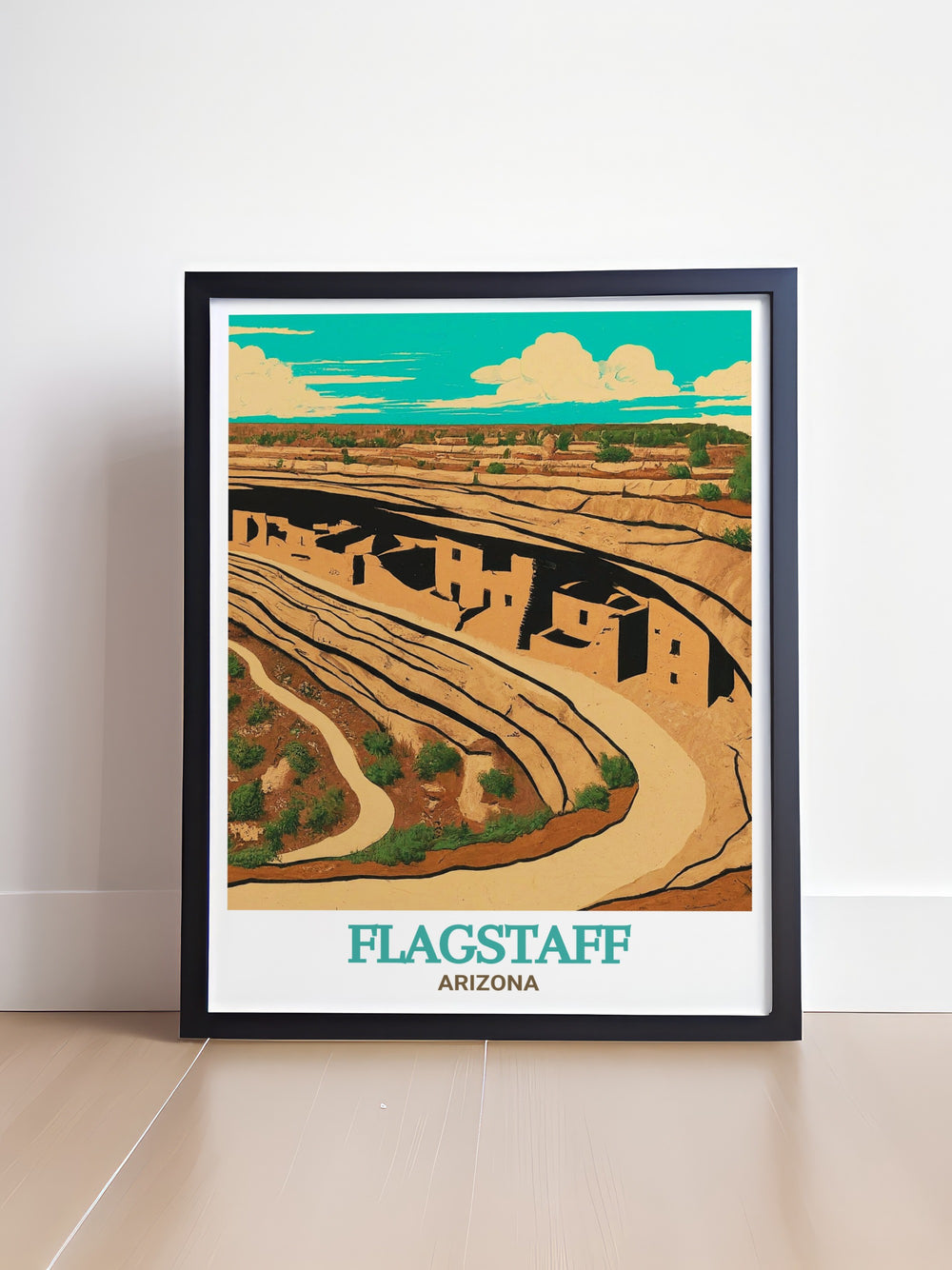 Stunning Flagstaff wall art with Walnut Canyon National Monument makes a captivating gift for friends and family. This fine line print brings a touch of city life and natural beauty into any space making it perfect for unique home decor or special occasion gifts.