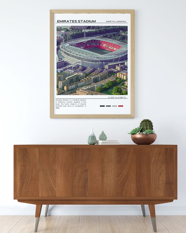 Framed artwork depicting the panoramic views of Emirates Stadium, showcasing the stunning venue on match days.