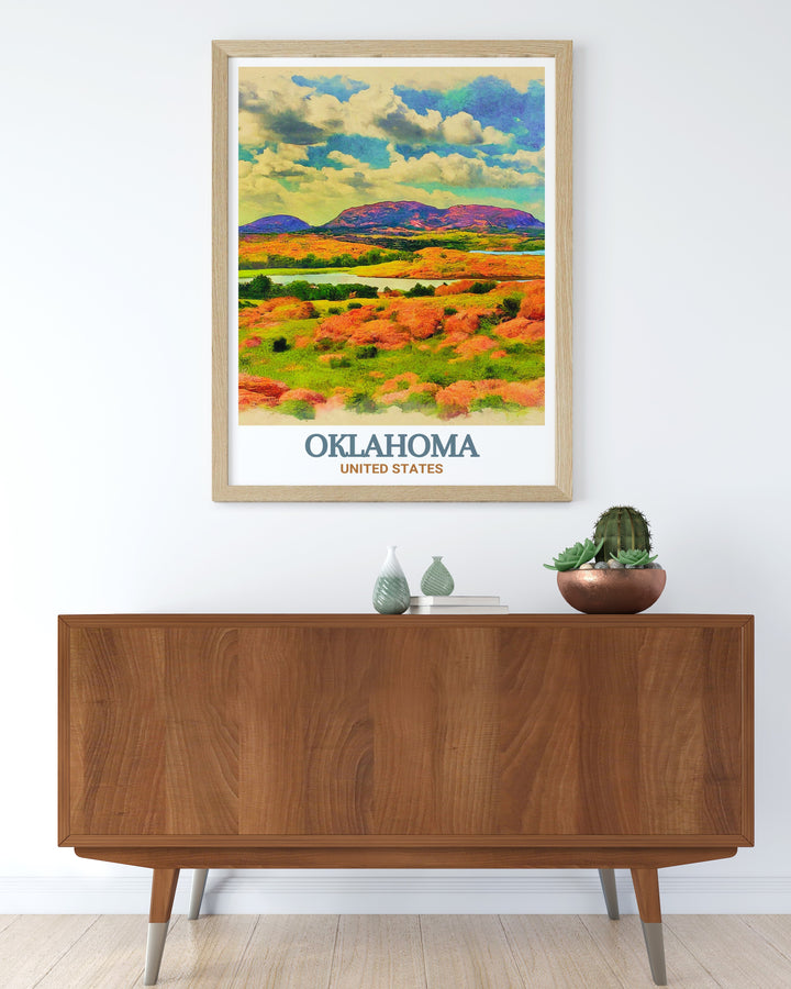 Oklahoma travel print featuring Wichita Mountains Wildlife Refuge. Fine line black and white city print design adds a modern touch to home decor. Perfect as a unique gift for art enthusiasts and nature lovers for any special celebration.