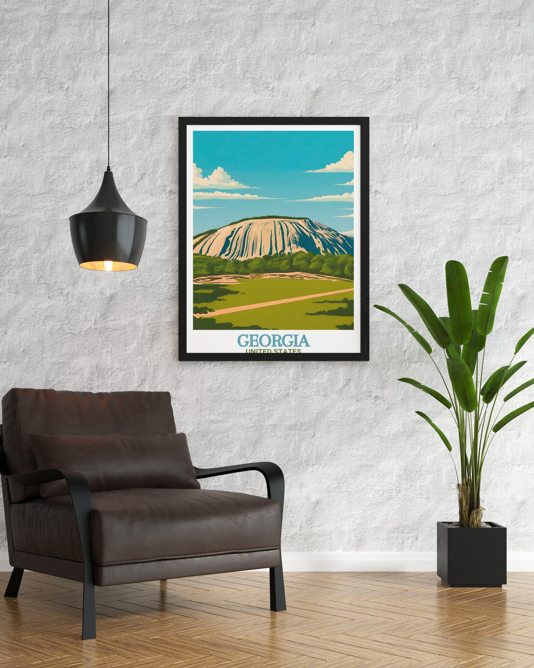 This unique Georgia travel poster showcases Stone Mountain Parks majestic landscape alongside the energetic skyline of Atlanta. Ideal for those who love both nature and city life, this print is perfect for any space in need of a vibrant touch.