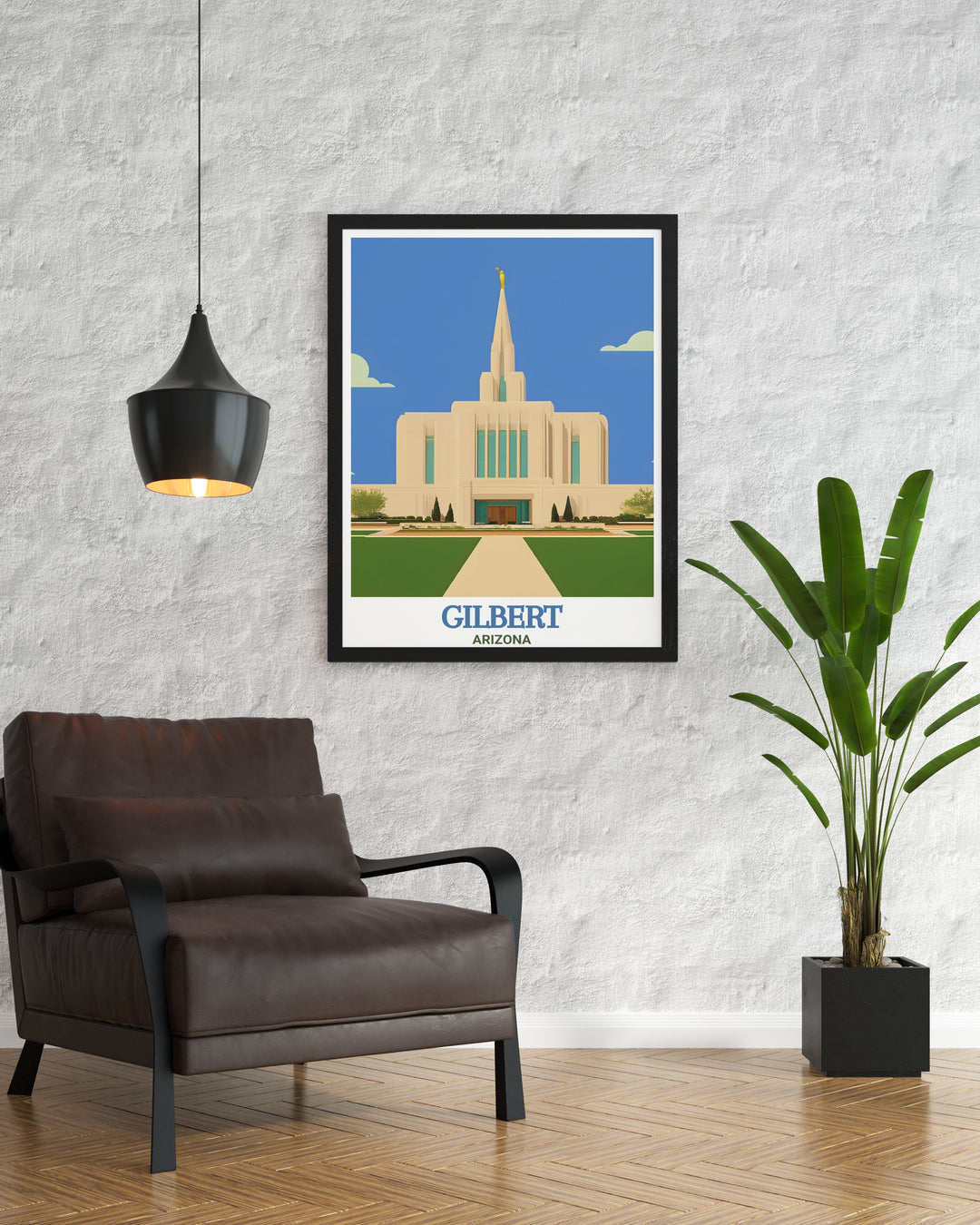 This travel poster showcases the Gilbert Temple in all its glory, offering a calming and inspiring view of one of Arizonas most famous sites. Ideal for Arizona enthusiasts and travelers alike, this print brings a touch of elegance and history to any room.