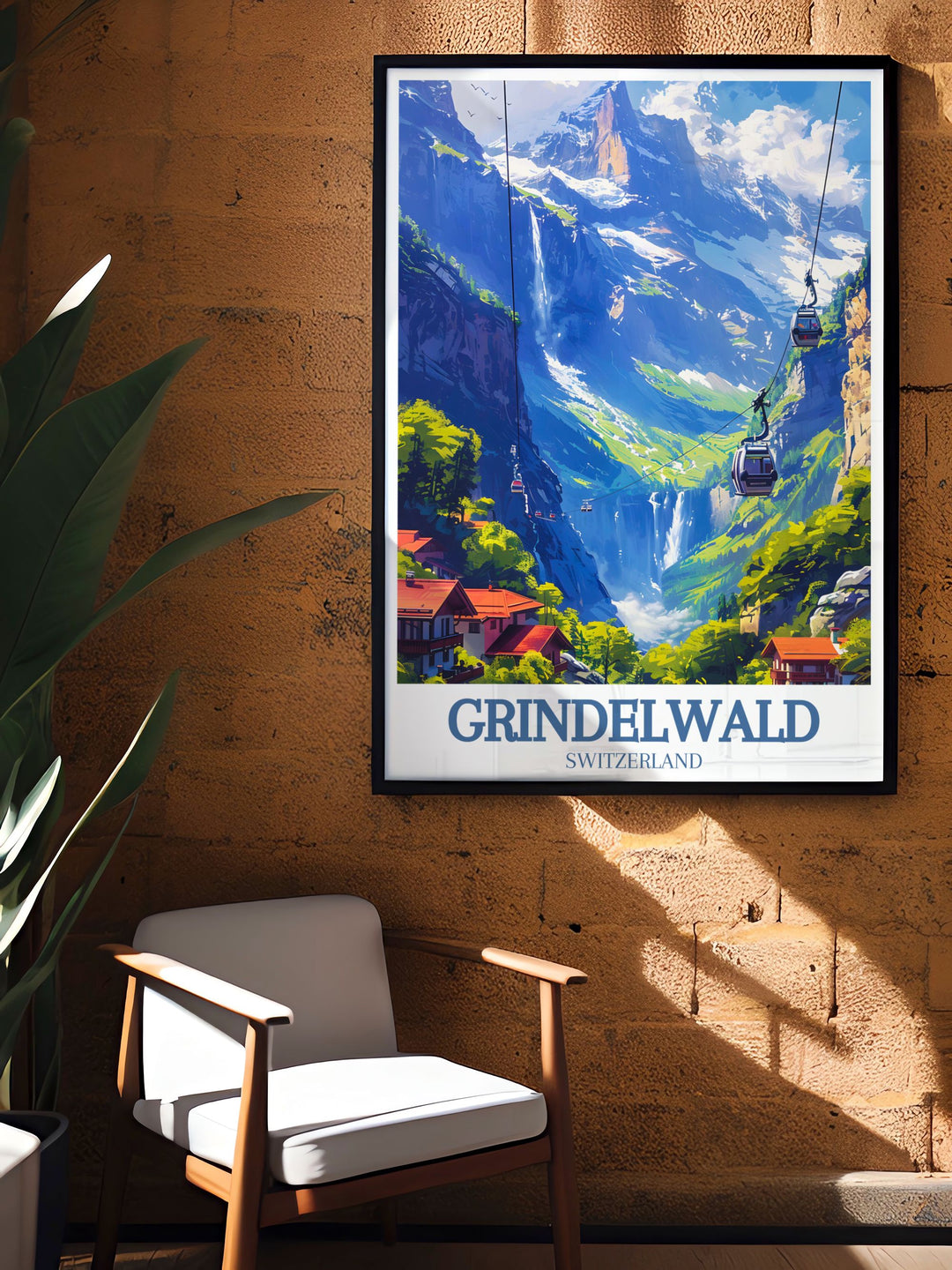 A beautiful Grindelwald First poster featuring Eiger mountain and the stunning Swiss Alps. This artwork is ideal for adding a touch of Alpine charm to your decor with its detailed and vibrant illustration.