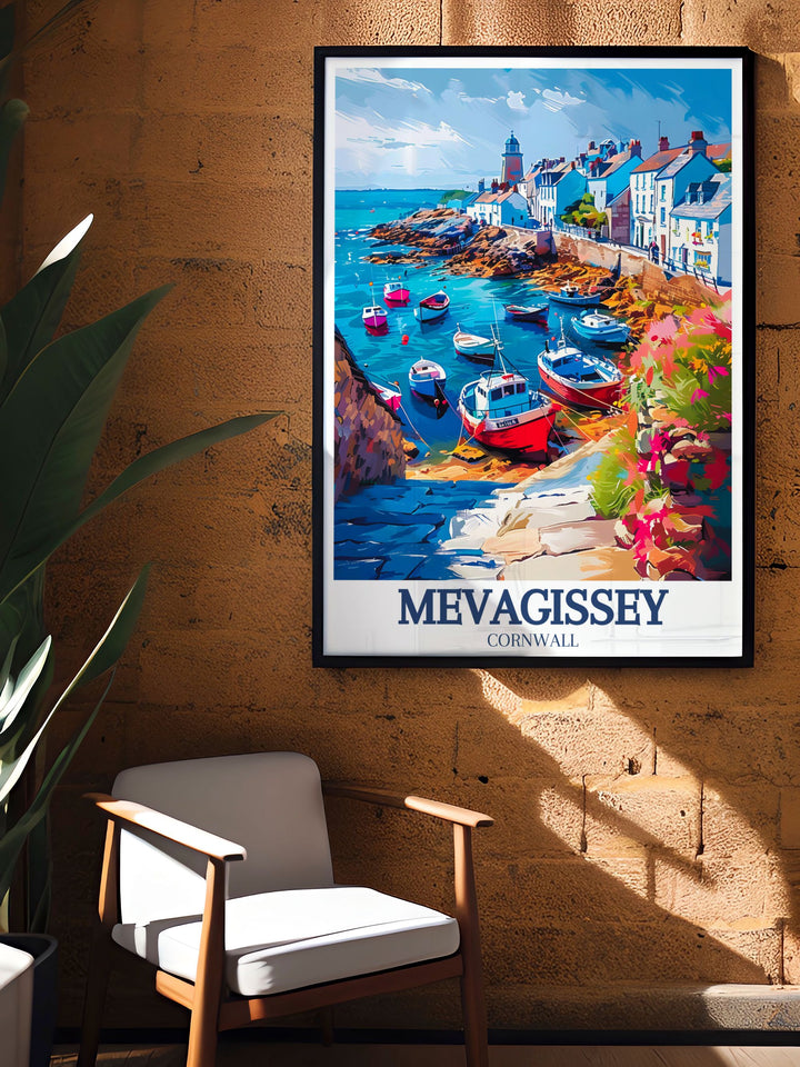 This art print features the charming village of Mevagissey, with its colorful cottages, narrow streets, and vibrant harbor. Ideal for those who appreciate the beauty of coastal towns, this poster brings the enchanting allure of Mevagissey into your decor.