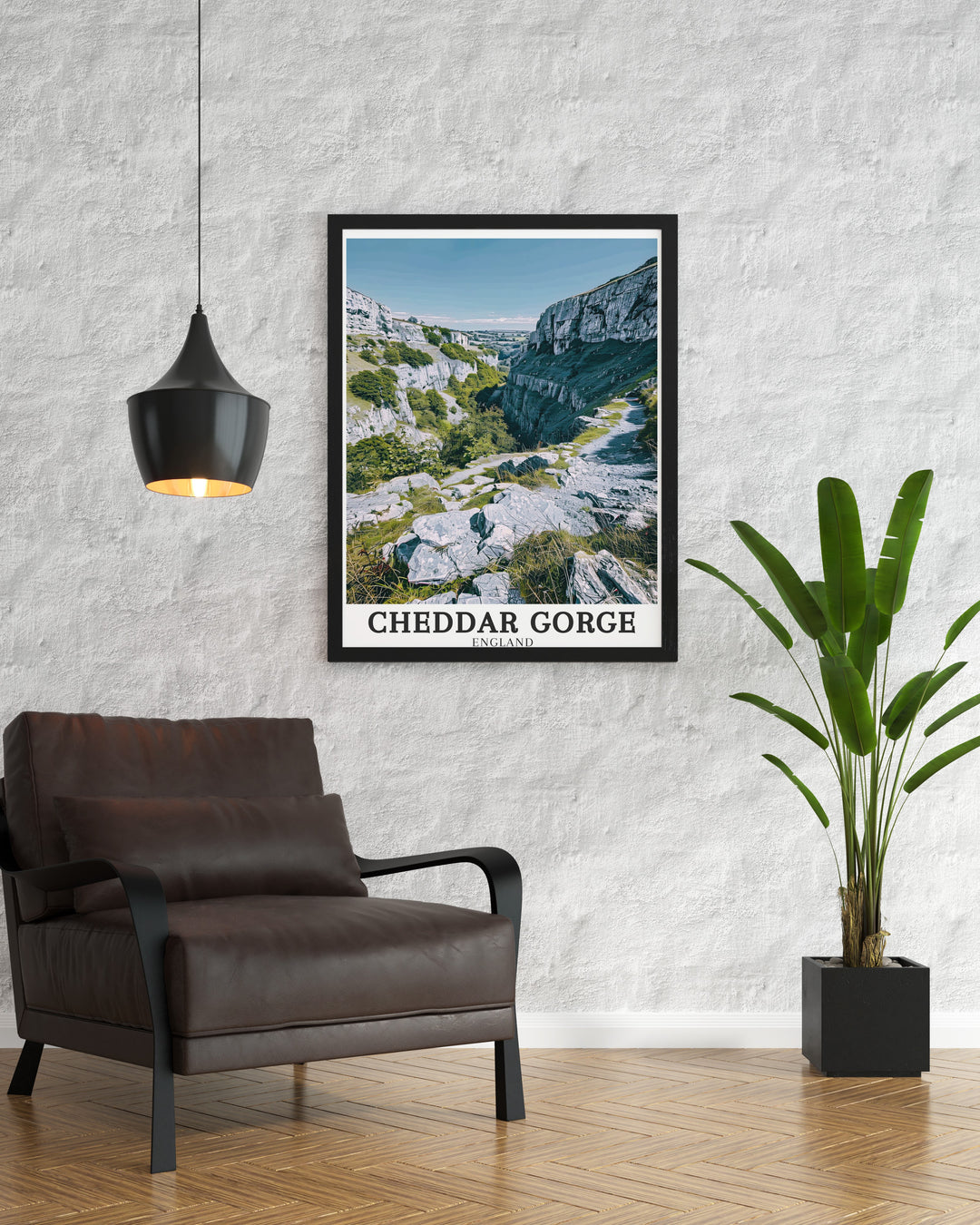 A Cheddar Gorge wall poster highlighting the beauty of this Somerset landmark with its towering cliffs and the peaceful Cheddar Yeo River, making it an essential piece of countryside art for any room.