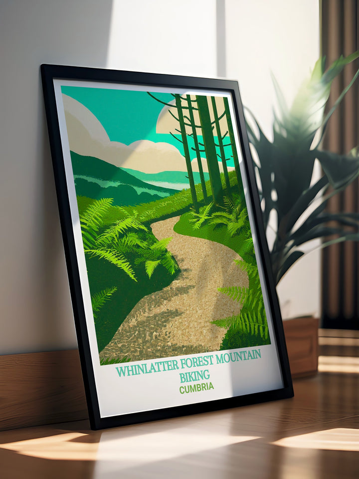 Whinlatter Forest travel print captures the excitement of mountain biking in the Lake District, featuring the famous Altura Trail. This artwork is ideal for those who love outdoor sports and want to bring a touch of adventure into their home or office décor.