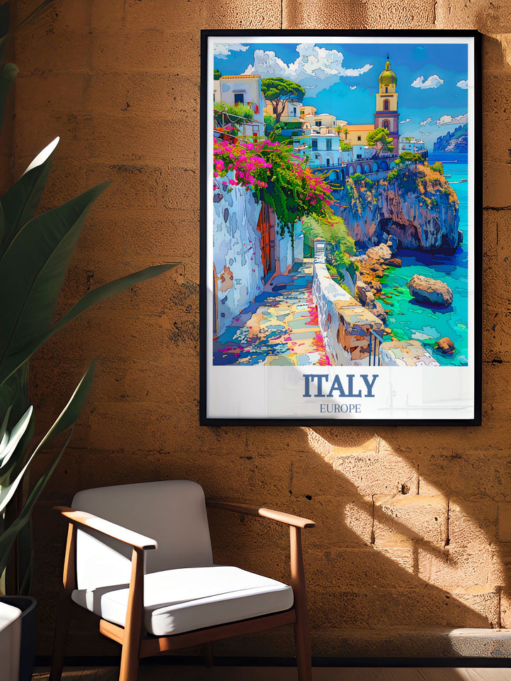 A stunning poster print capturing the picturesque Amalfi Coast, showcasing the vibrant buildings perched on cliffs overlooking the Mediterranean Sea. This artwork embodies the charm and beauty of Italy, perfect for any travel enthusiasts collection.