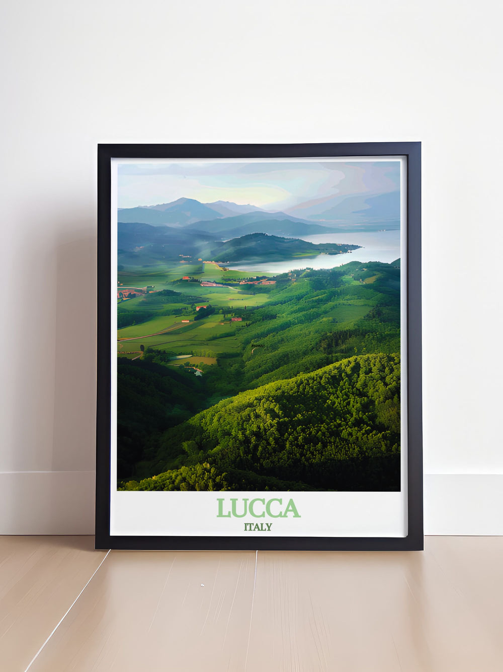 Colorful Lucca Art Print featuring the intricate street map design alongside the serene beauty of Lago di Massaciuccoli ideal for adding a touch of Italian charm to your home decor