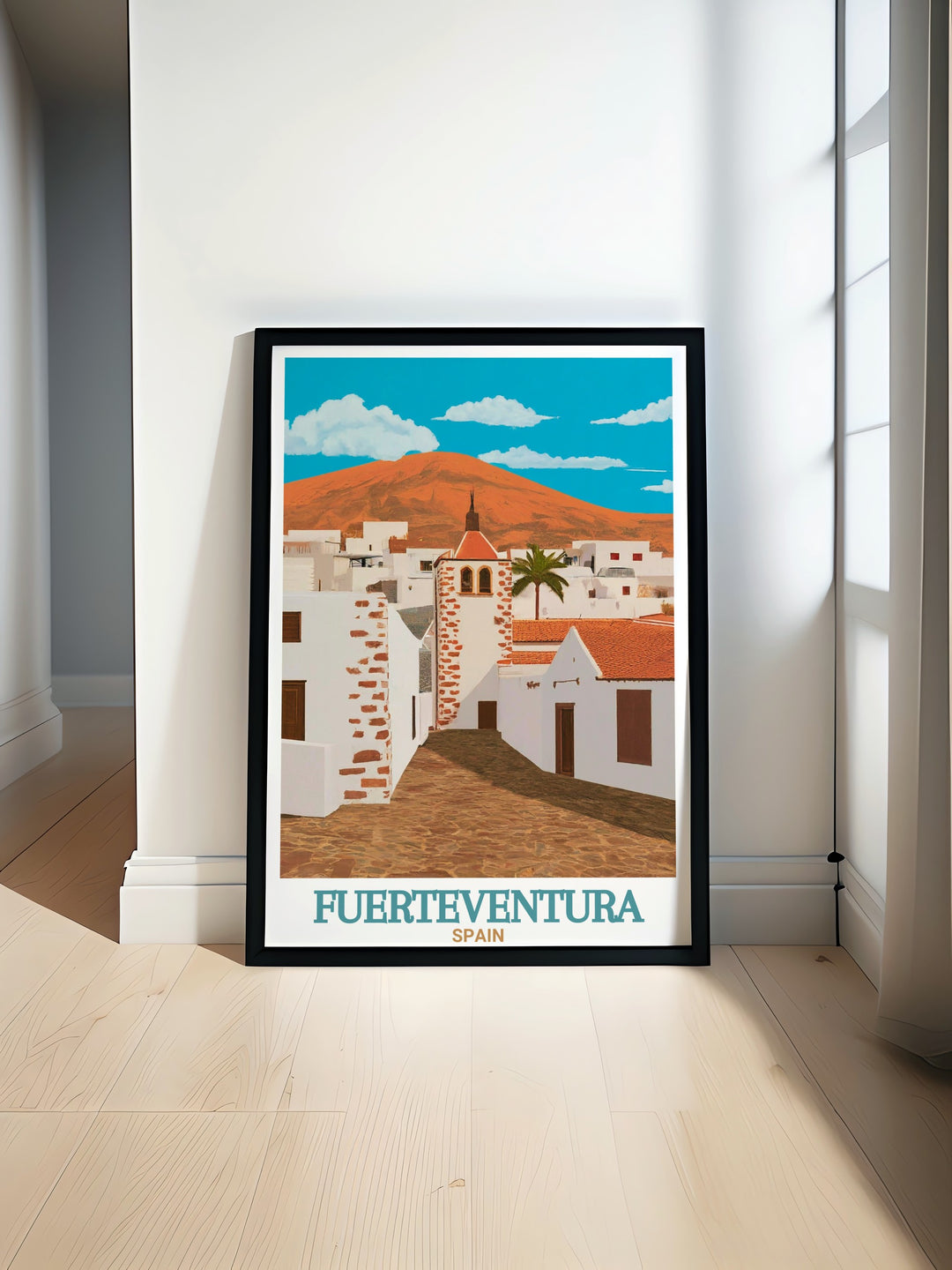 Beautiful Fuerteventura poster print showcasing the iconic landscapes of the Canary Islands, with a focus on Betancuria. Perfect for travel lovers or as a gift for those who admire Spains unique charm. This travel print brings a piece of the Canary Islands into any home decor.