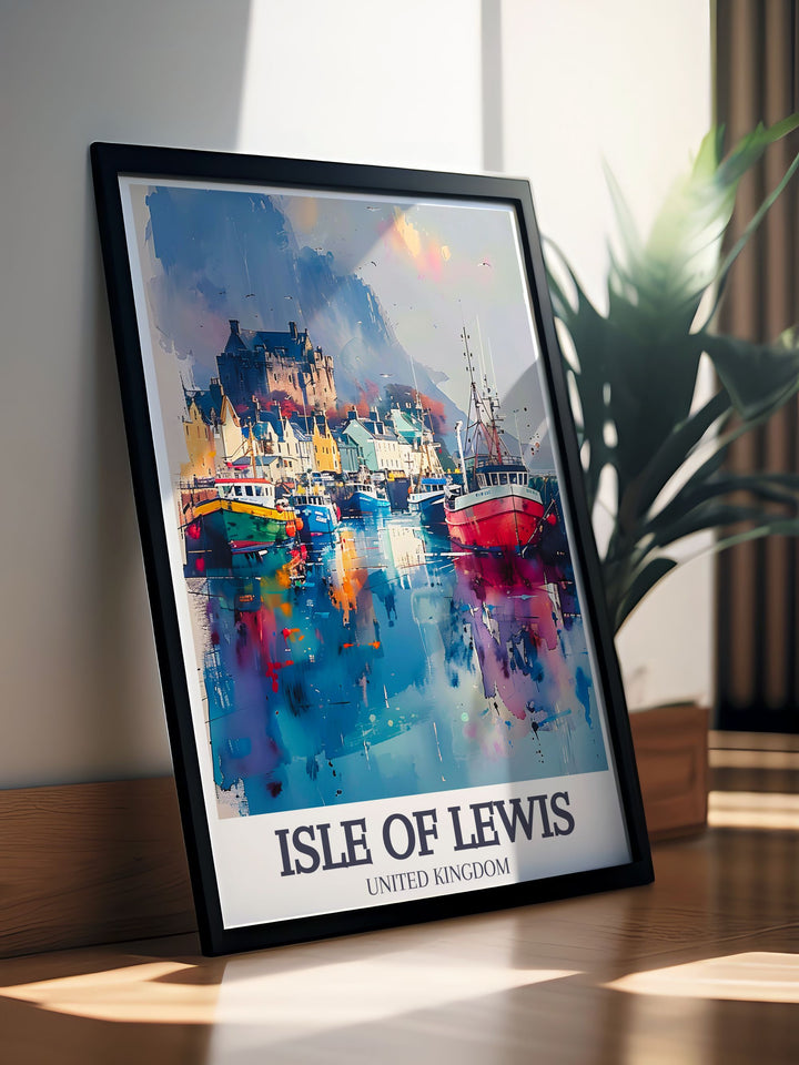 This travel poster emphasizes the enchanting views of Stornoway Harbour, inviting viewers to connect with the charm of the Isle of Lewis. The artwork serves as a reminder of the serene moments found in this stunning location.