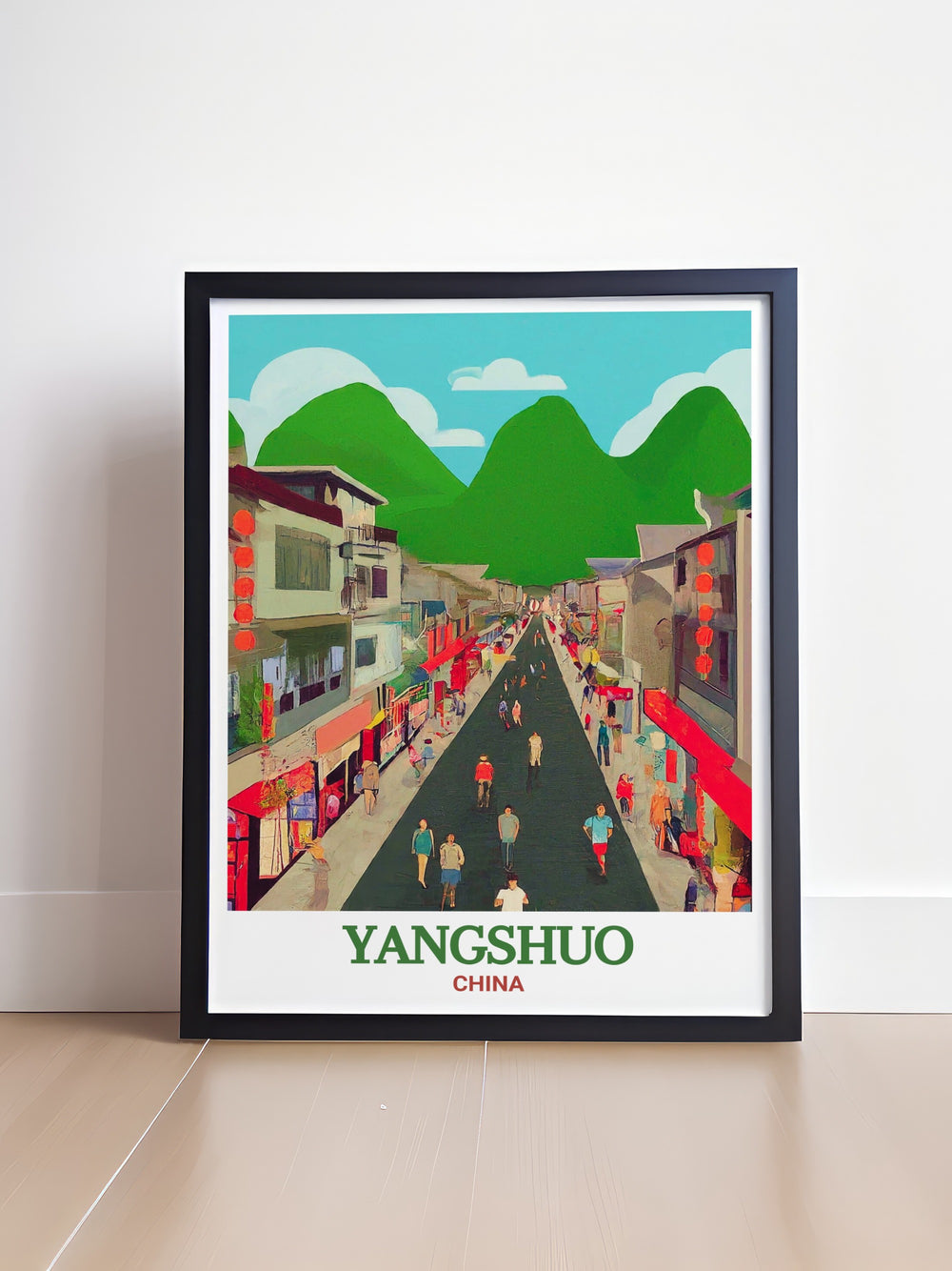 A detailed travel print of Yangshuos West Street, showcasing the vibrant blend of traditional Chinese architecture and modern, lively atmosphere. Perfect for those who love global destinations, this print captures the energy of Yangshuos most famous street.