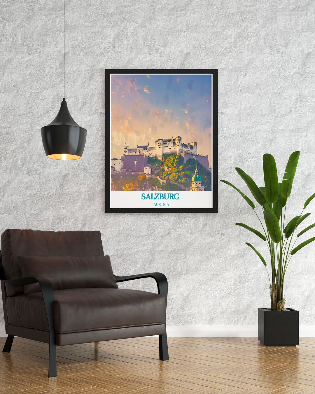 Stunning Vintage Skiing Print with Zauchensee Ski Resort and Hohensalzburg Fortress offering a unique blend of modern art and traditional decor perfect for transforming any space with the charm and adventure of Salzburg