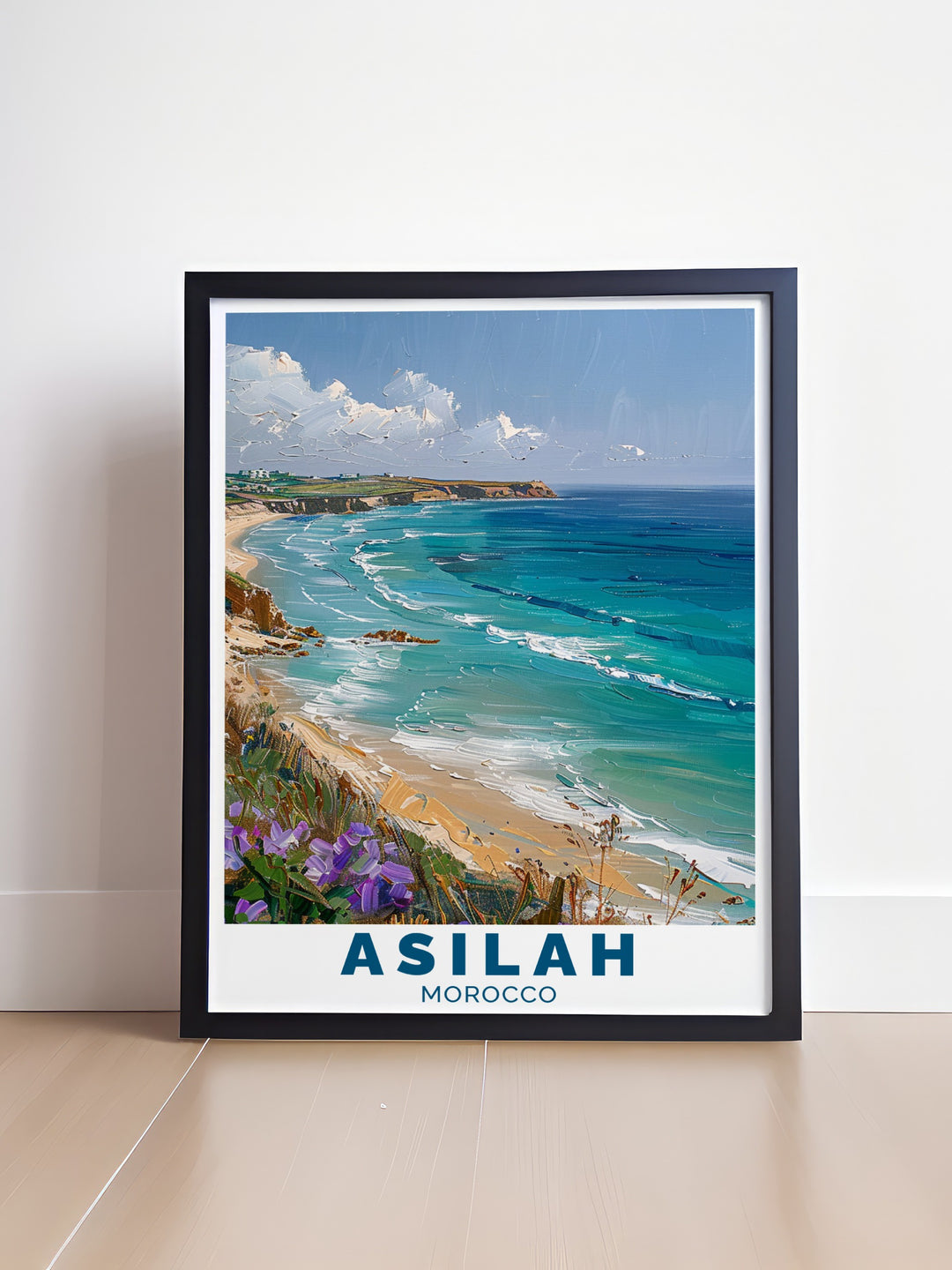 Asilah Travel Art A beautiful piece of travel art showcasing the charm of Asilahs whitewashed buildings and the peaceful Paradise Beach. The detailed print brings out the towns architectural features and coastal views, creating a perfect blend of Moroccan culture and natural beauty. Its a must have for anyone who loves Moroccan travel art and design.