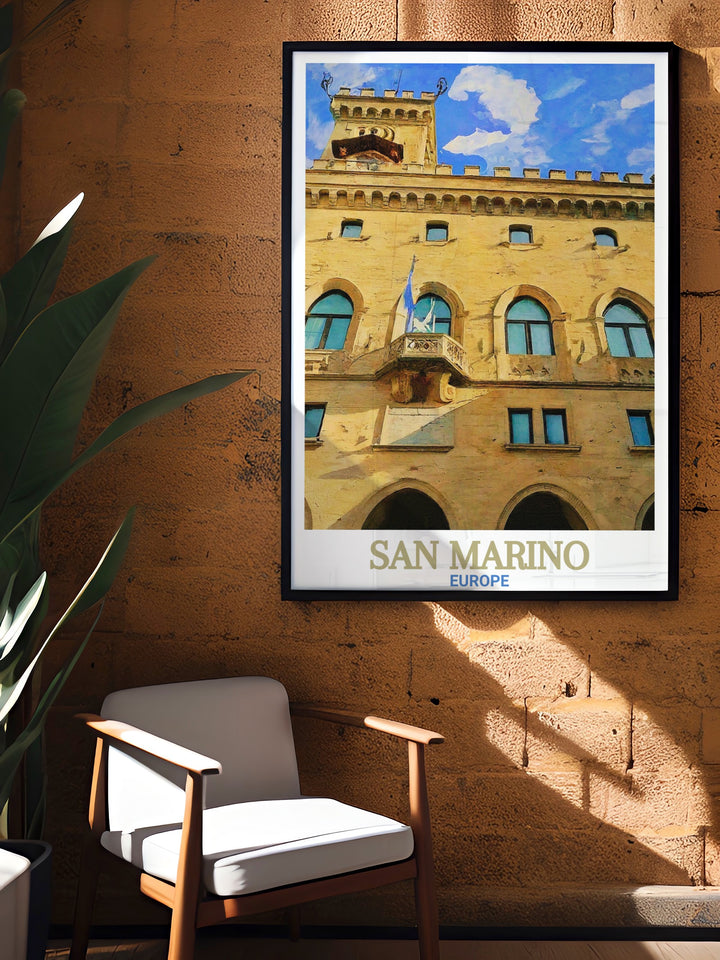 A detailed travel poster of San Marinos Palazzo Pubblico, capturing the Gothic architecture and historical significance of this famous landmark. Ideal as a travel gift or wall decor for those who love European history and culture.