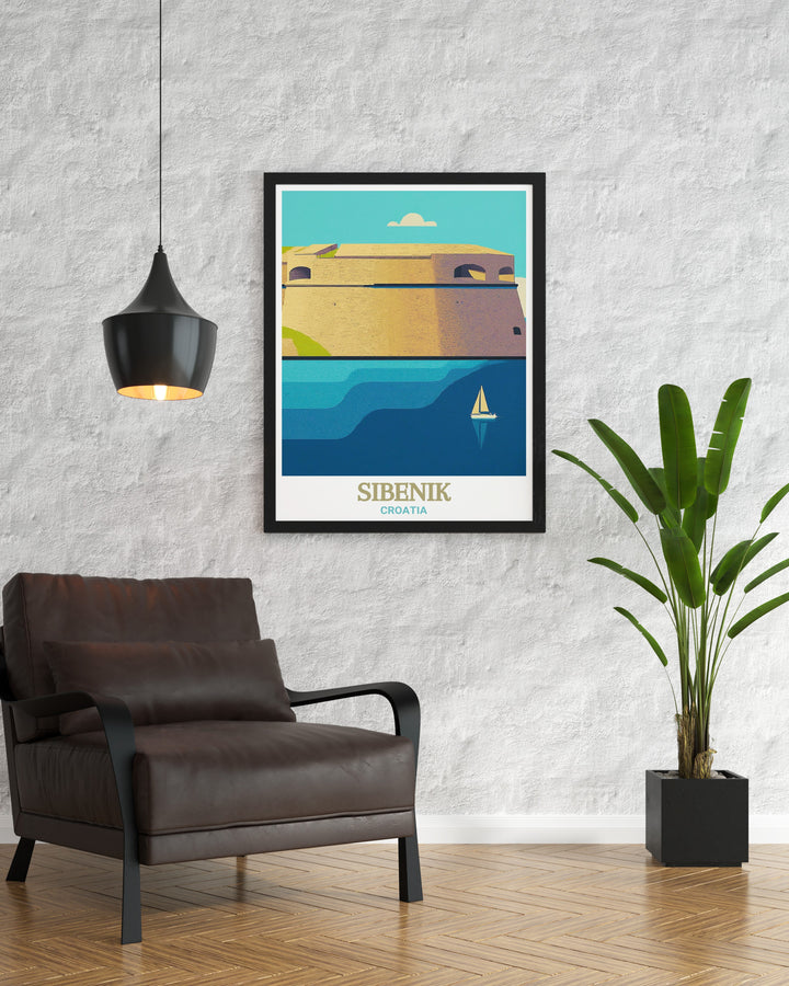 Poster print of Sibenik, Croatia, featuring the historic St. Nicholas Fortress, a 16th century defensive structure situated on a small island at the entrance to the St. Anthony Channel. This artwork captures the fortresss unique architecture and strategic significance, making it a perfect addition to any history lovers collection.