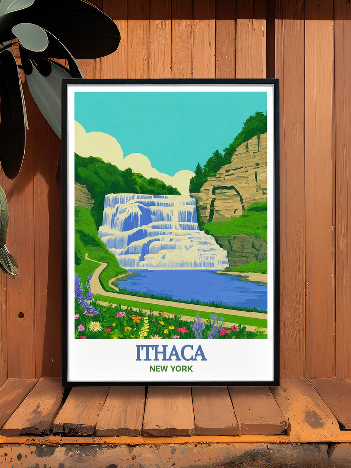 Travel poster of Ithaca Falls, New York State, showcasing the cascading waters and lush surroundings. This print captures the essence of Ithaca Falls, making it a perfect gift for those who love nature and the serene beauty of New York States landscapes.