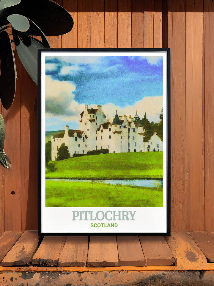 Pitlochry poster print capturing the picturesque landscapes of Scotlands Highlands, with a focus on the historic Blair Castle. This travel print is ideal for those who love the blend of natural beauty and rich history, bringing a piece of Scotlands heritage into your home.