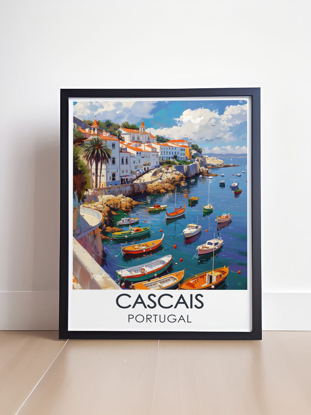 This detailed travel poster captures the vibrant beauty of Cascais Marina in Portugal, highlighting its bustling activity and stunning views of the Atlantic Ocean. Perfect for adding a touch of nautical charm to your home decor.