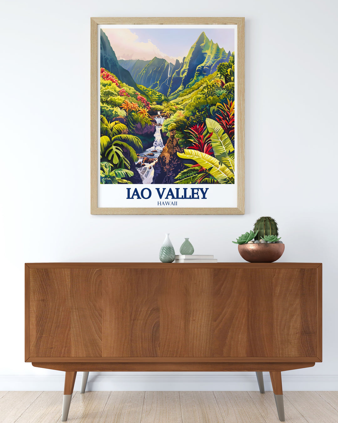 The Iao Needle rises high above the lush greenery in this Iao Valley poster print, with the peaceful Iao Stream winding through the valley below. This travel print is an excellent way to showcase the beauty of Hawaiis natural wonders and makes a thoughtful gift for lovers of the islands.