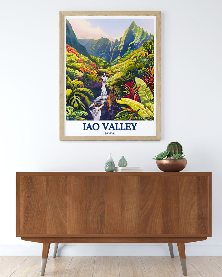 The Iao Needle rises high above the lush greenery in this Iao Valley poster print, with the peaceful Iao Stream winding through the valley below. This travel print is an excellent way to showcase the beauty of Hawaiis natural wonders and makes a thoughtful gift for lovers of the islands.