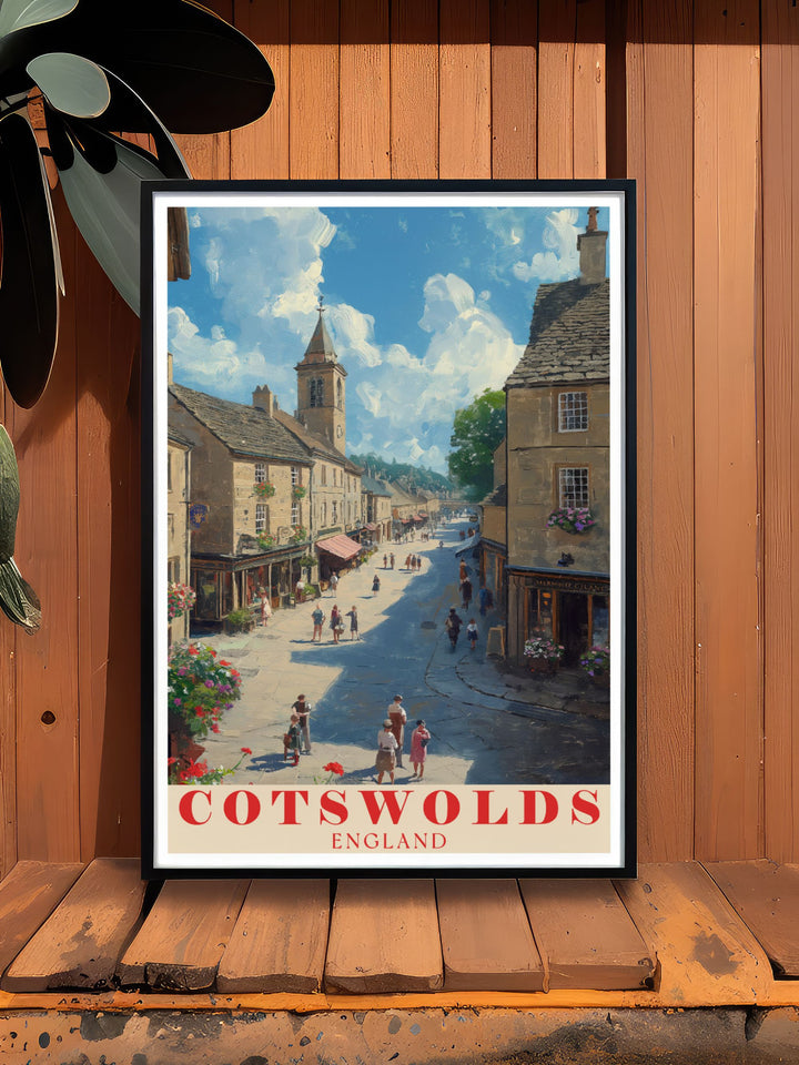 The captivating blend of nature in the Cotswolds and the historic streets of Stow on the Wold Market Square is beautifully illustrated in this poster, making it a stunning addition to any wall art collection celebrating England.