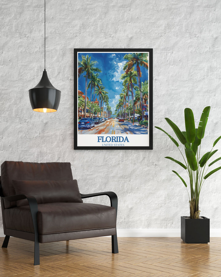 Showcasing Miami Beachs soft white sands and clear waters, this art print brings the coastal beauty of Florida to your living space.