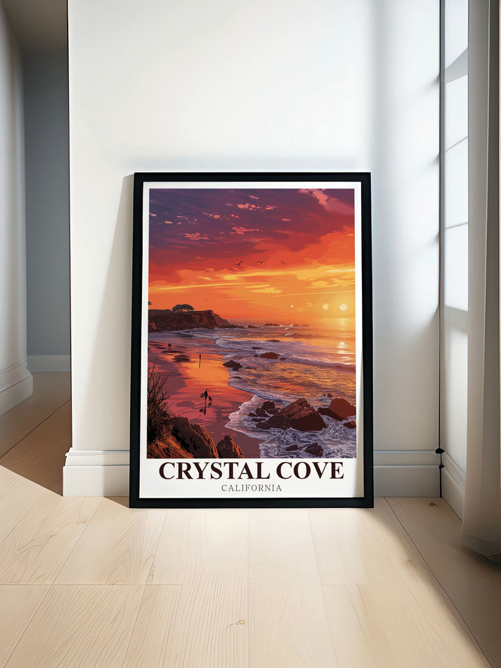 Crystal Cove Beach travel poster capturing the serene beauty of the California coast perfect for enhancing your home decor with vibrant artwork that evokes the charm of Crystal Cove Beach a great addition to any room for a touch of coastal elegance.